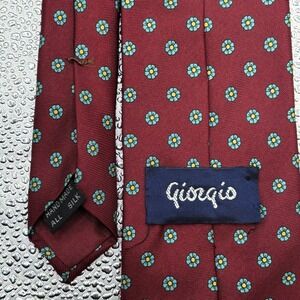 Giorgio Burgundy Silk Blue‎ Micro Geometric Floral Necktie Hand Made